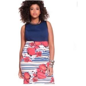 Eloquii Blue and Red Floral Midi Dress